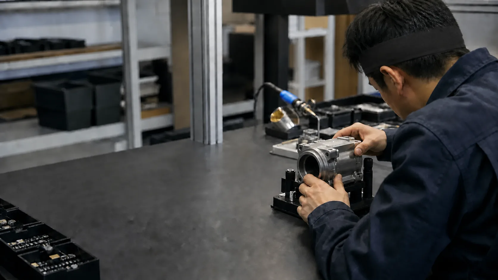 An operator performing a precise task at an electronics workbench