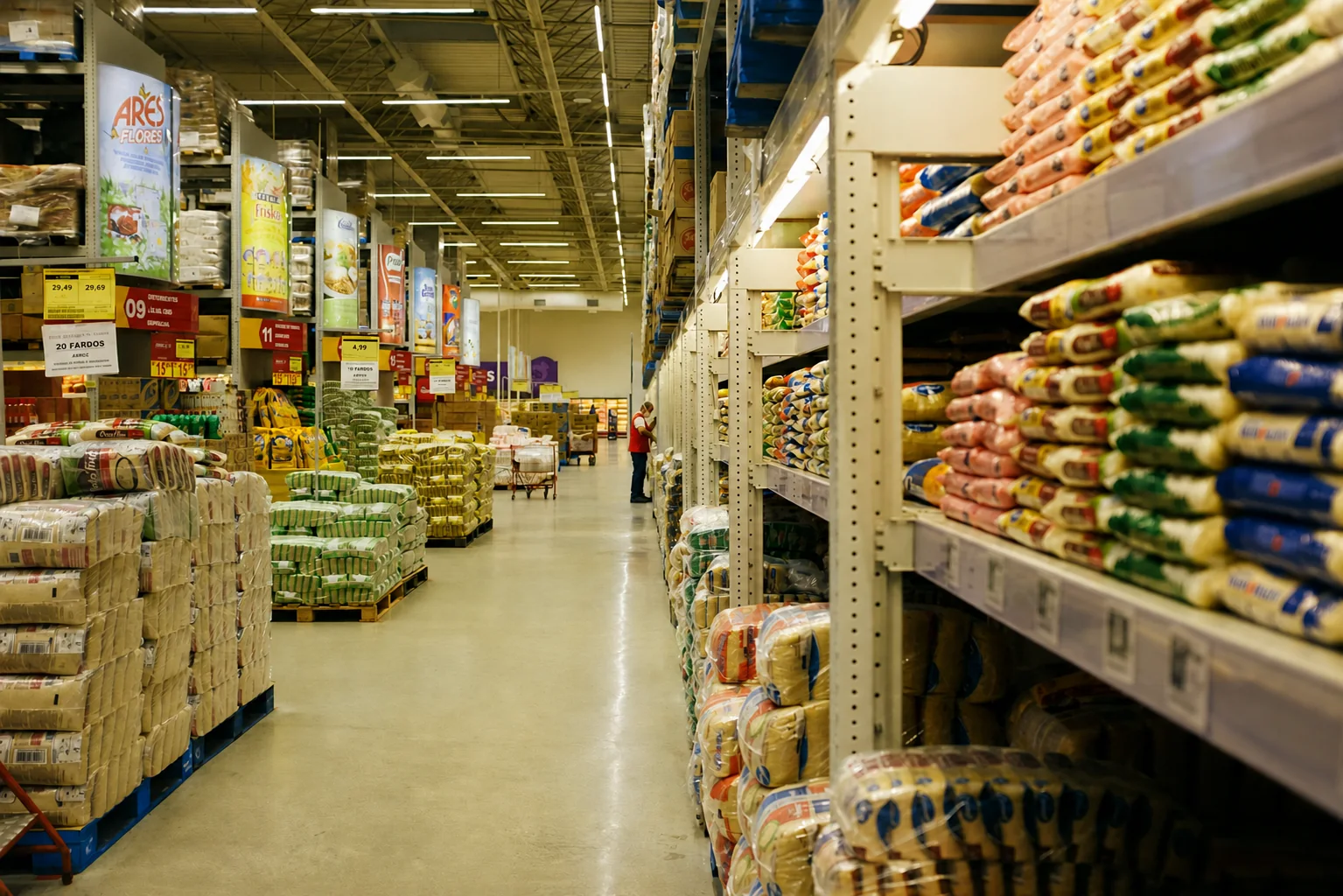 A supermarket aisle lined with groceries and bulk product displays