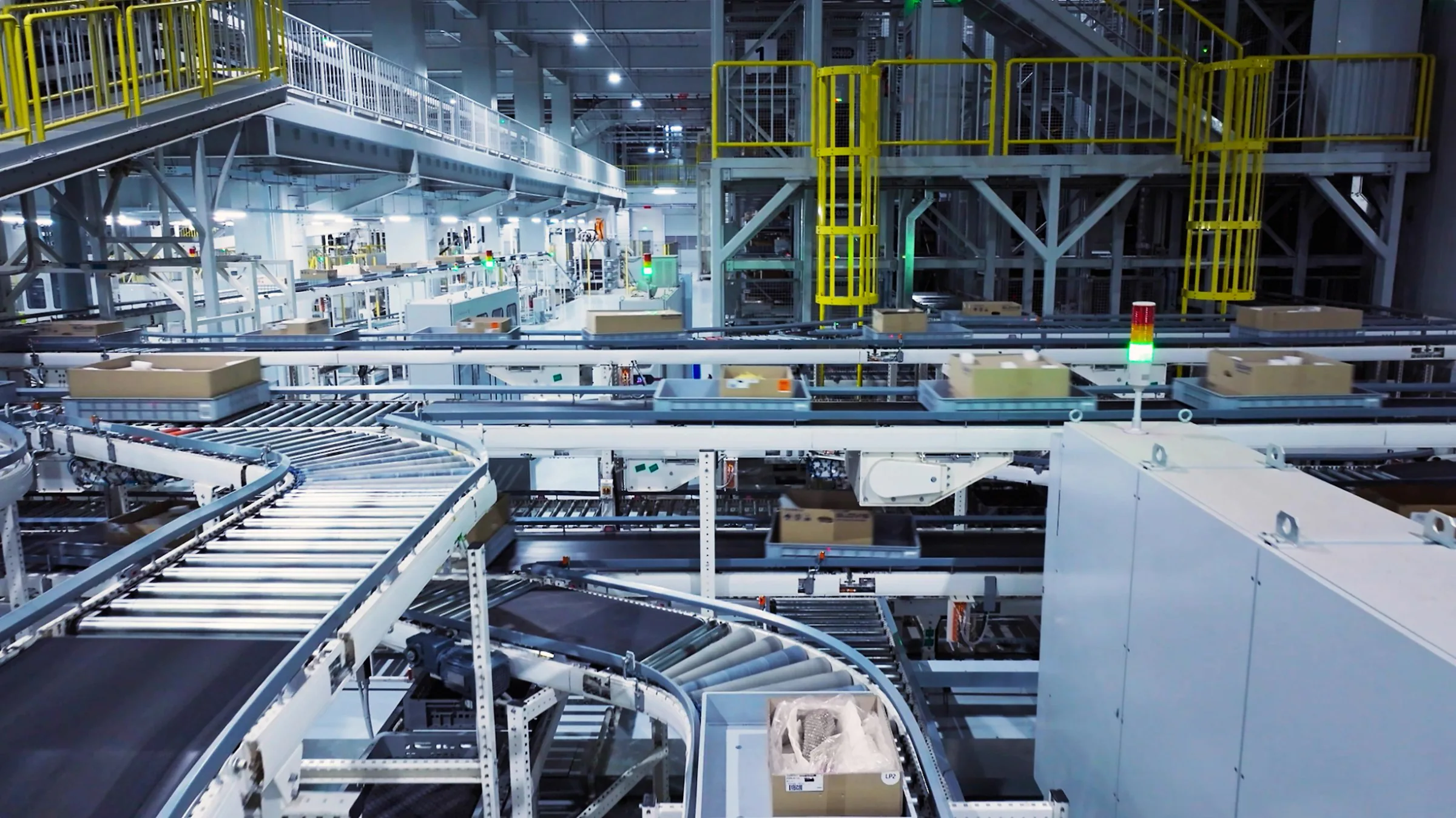 An automated warehouse conveyor system moving parcels through a logistics facility